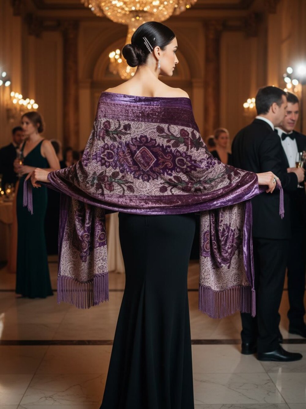 Luxurious Y2K Vintage Purple Velour Floral Shawl Reversible with Tassels